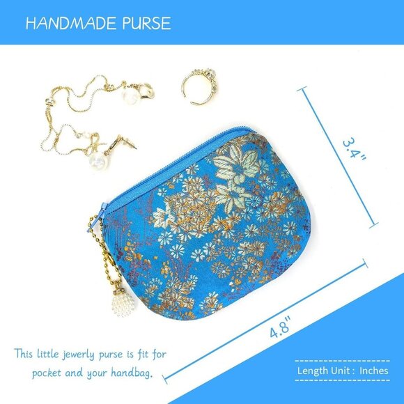 Handmade Women Coin Purse Brocade Zipper Wallet Silk Makeup Bag - SKYBLUE - Picture 2 of 6